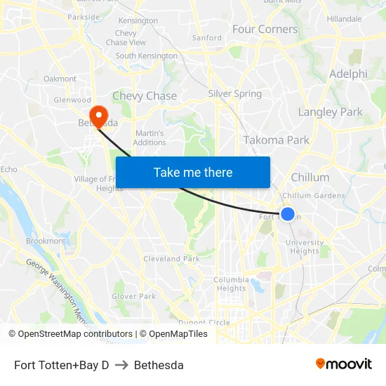 Fort Totten+Bay D to Bethesda map