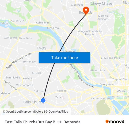 East Falls Church+Bay B to Bethesda map