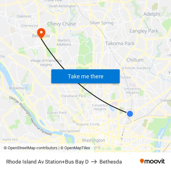 Rhode Island Av Station+Bus Bay D to Bethesda map