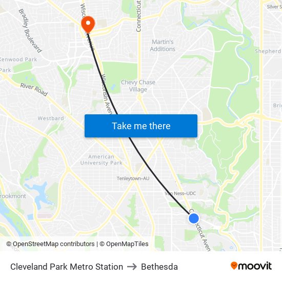 Cleveland Park Metro Station to Bethesda map