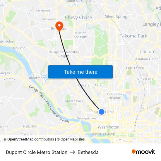 Dupont Circle Metro Station to Bethesda map