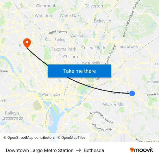 Downtown Largo Metro Station to Bethesda map