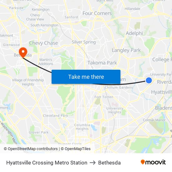 Hyattsville Crossing Metro Station to Bethesda map