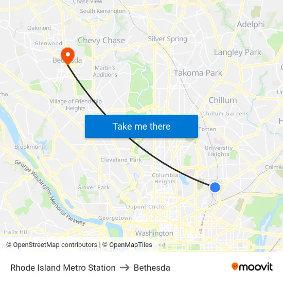 Rhode Island Metro Station to Bethesda map