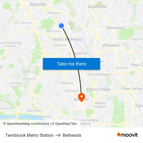 Twinbrook Metro Station to Bethesda map