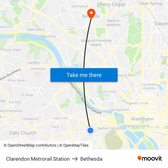 Clarendon Metrorail Station to Bethesda map