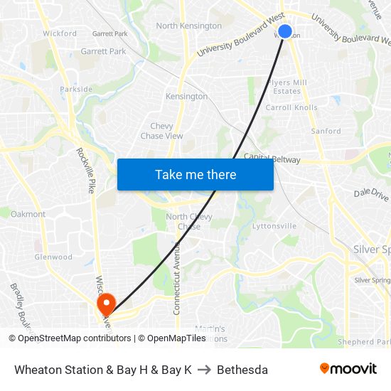 Wheaton Station  & Bay H & Bay K to Bethesda map