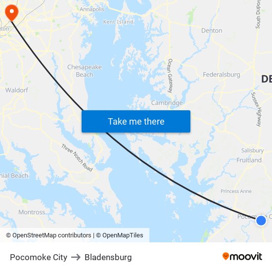 Pocomoke City to Bladensburg map