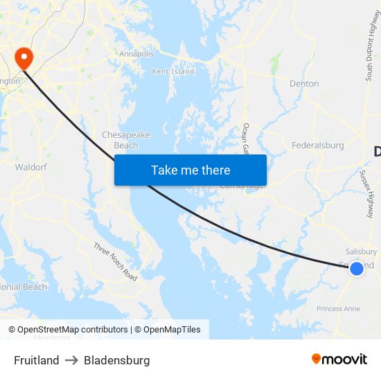 Fruitland to Bladensburg map