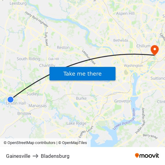 Gainesville to Bladensburg map