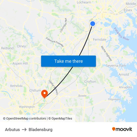 Arbutus to Bladensburg map