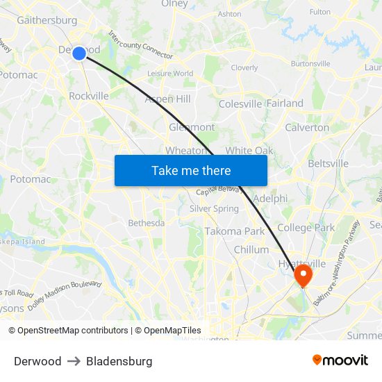Derwood to Bladensburg map