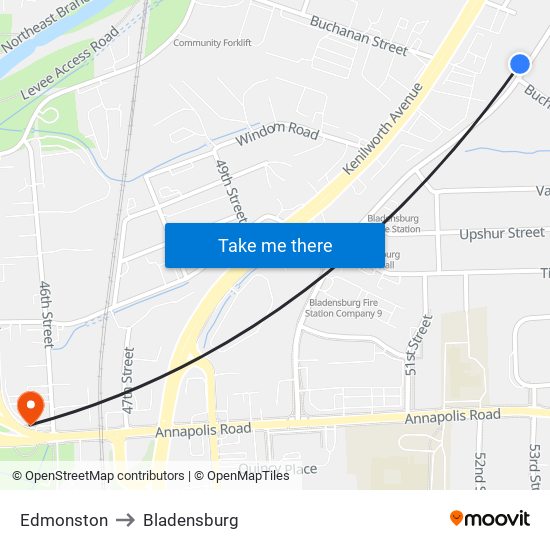 Edmonston to Bladensburg map