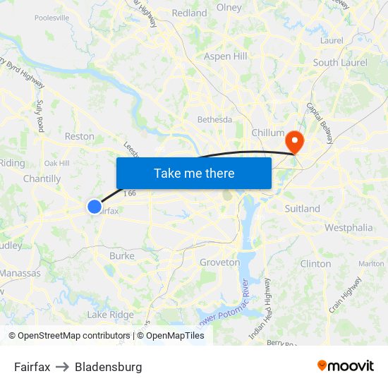 Fairfax to Bladensburg map