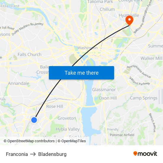 Franconia to Bladensburg map