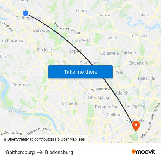 Gaithersburg to Bladensburg map