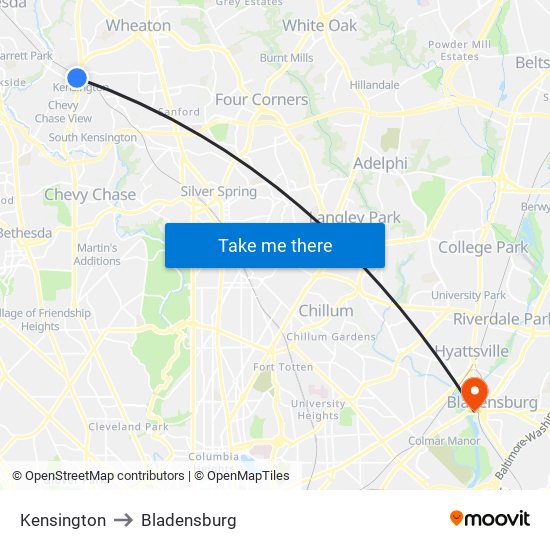 Kensington to Bladensburg map