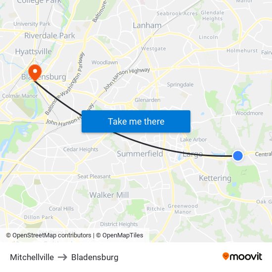 Mitchellville to Bladensburg map