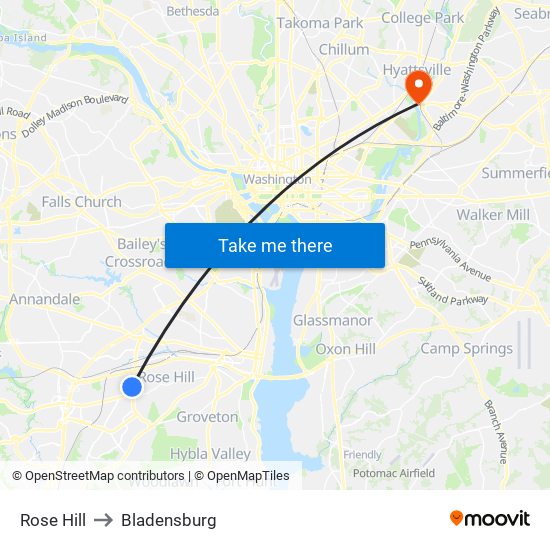 Rose Hill to Bladensburg map