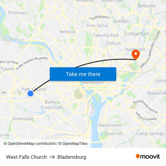 West Falls Church to Bladensburg map