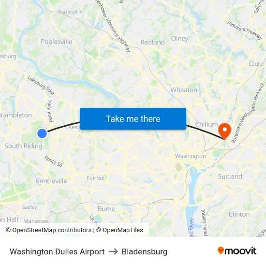 Washington Dulles Airport to Bladensburg map