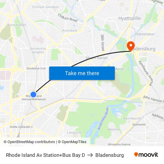Rhode Island Av Station+Bus Bay D to Bladensburg map