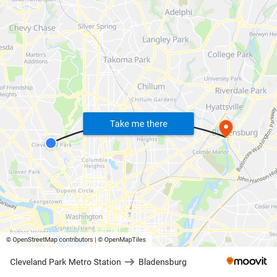 Cleveland Park Metro Station to Bladensburg map