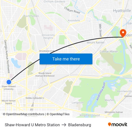 Shaw-Howard U Metro Station to Bladensburg map