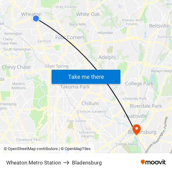 Wheaton Metro Station to Bladensburg map