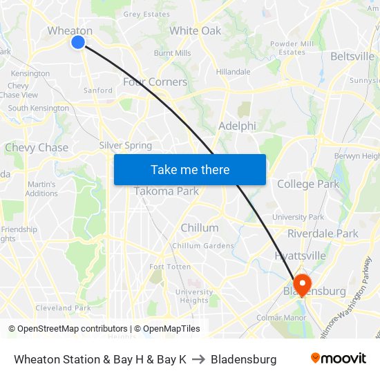 Wheaton Station  & Bay H & Bay K to Bladensburg map