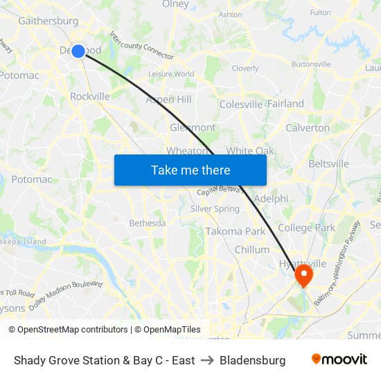 Shady Grove Station & Bay C - East to Bladensburg map