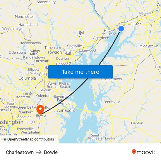 Charlestown to Bowie map