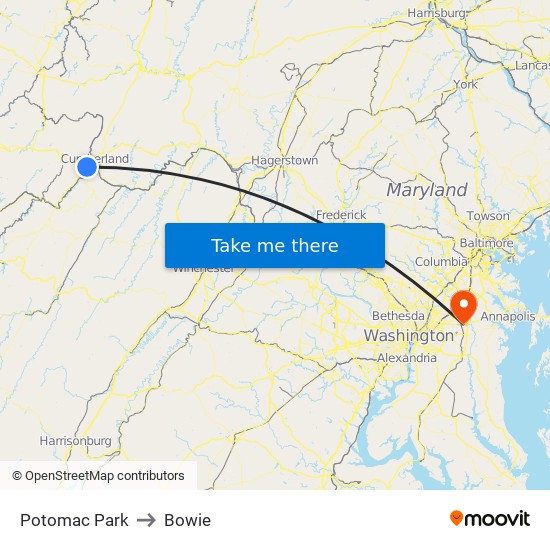 Potomac Park to Bowie map