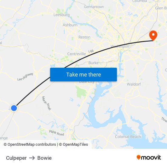 Culpeper to Bowie map