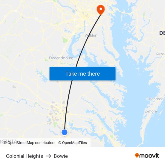 Colonial Heights to Bowie map