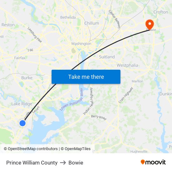 Prince William County to Bowie map