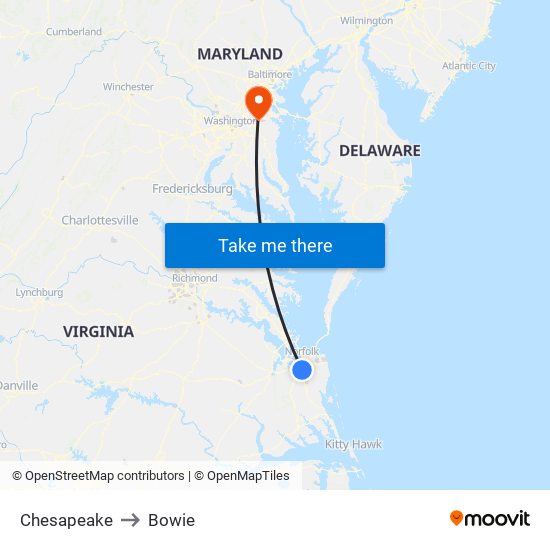 Chesapeake to Bowie map