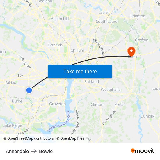 Annandale to Bowie map