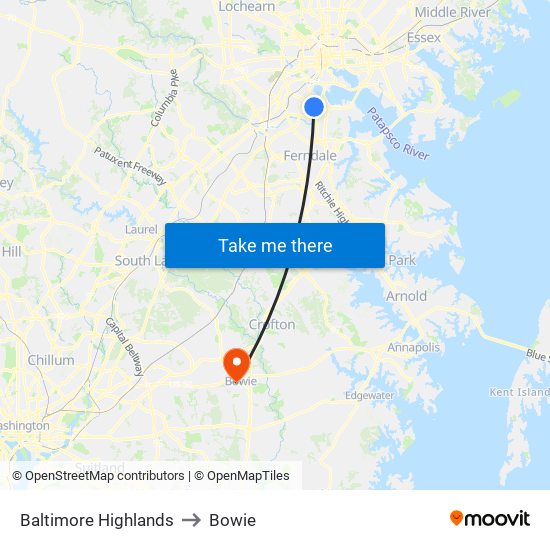 Baltimore Highlands to Bowie map