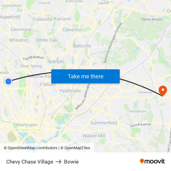 Chevy Chase Village to Bowie map