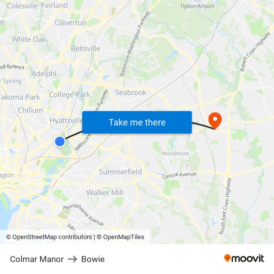 Colmar Manor to Bowie map