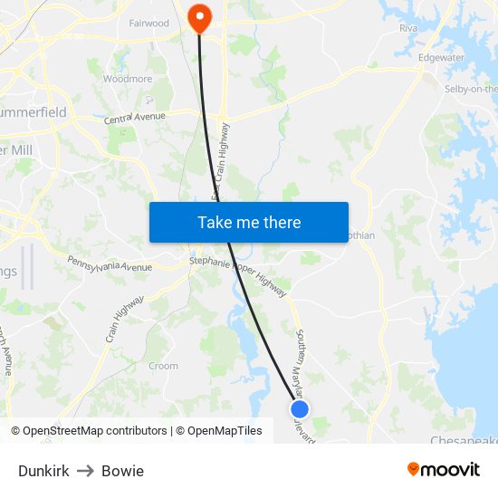 Dunkirk to Bowie map