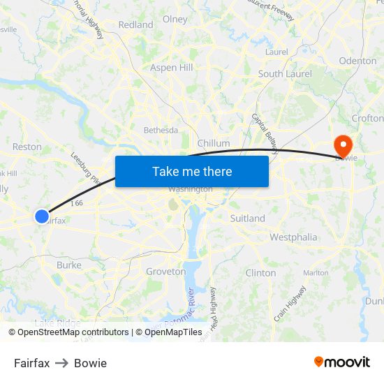 Fairfax to Bowie map