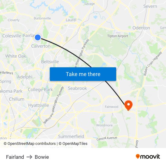 Fairland to Bowie map