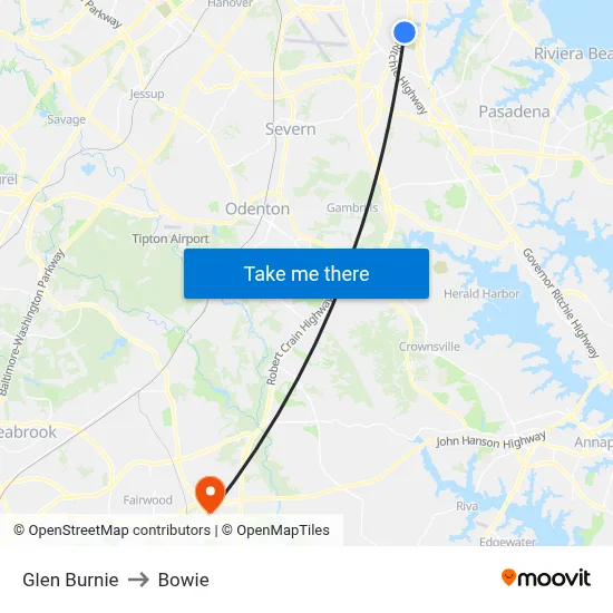 Glen Burnie to Bowie map