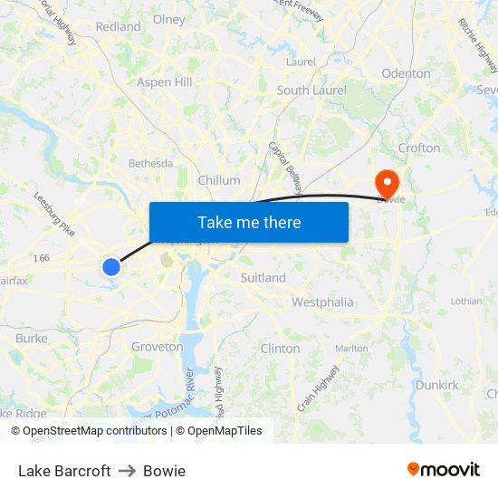 Lake Barcroft to Bowie map