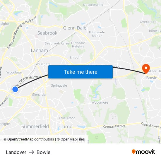 Landover to Bowie map