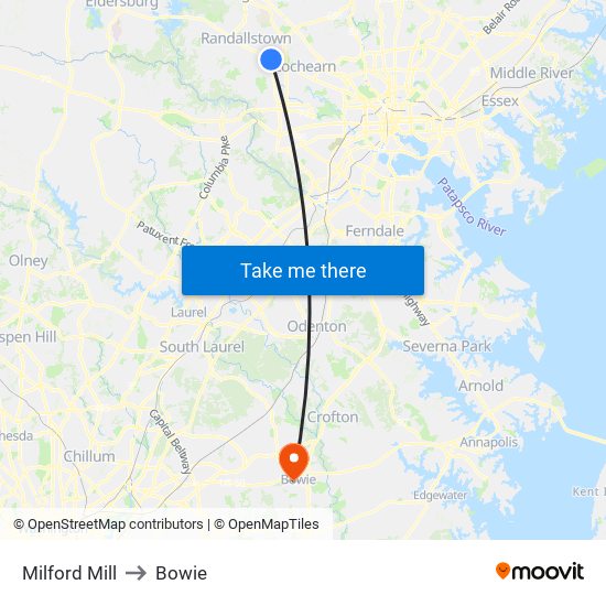 Milford Mill to Bowie map