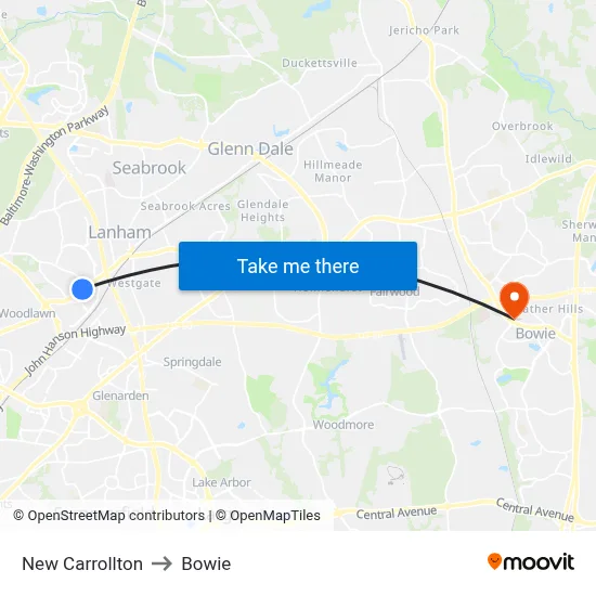 New Carrollton to Bowie map