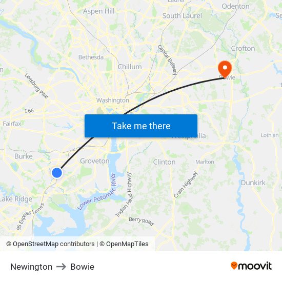 Newington to Bowie map